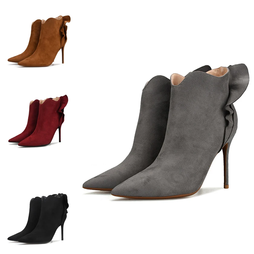

2018 autumn and winter new elegant pointed suede feminine temperament small lace stiletto high heel side zipper boots size32-46