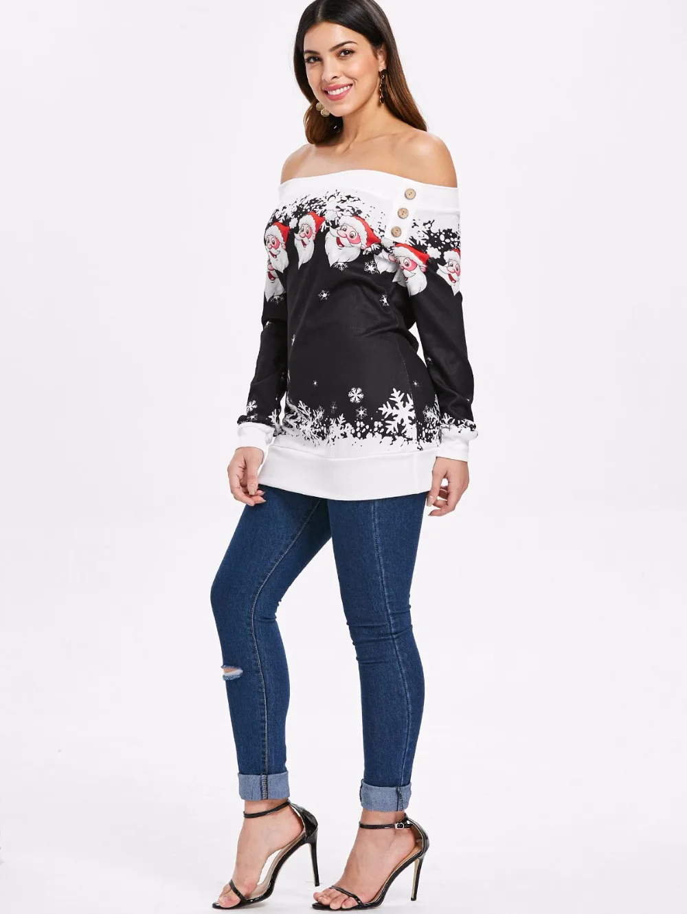 VESTLINDA Christmas T Shirt Santa Claus Snowflake T-Shirt Skew Neck Pullover Jumper 2017 Autumn Women Tshirt Fashion Button Tops 4