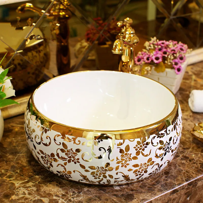 Round Bathroom Counter Top Wash Basin Cloakroom Hand Painted Vessel Sink bathroom sink carving bathroom ceramic art basin (1)