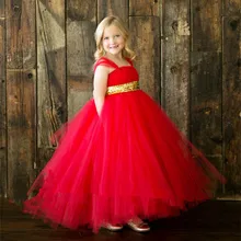 Летнее красное платье-пачка с золотым поясом-лентой для девочек праздничный наряд для девочек платье для принцесс платье на свадьбу вечеринку детская одежда