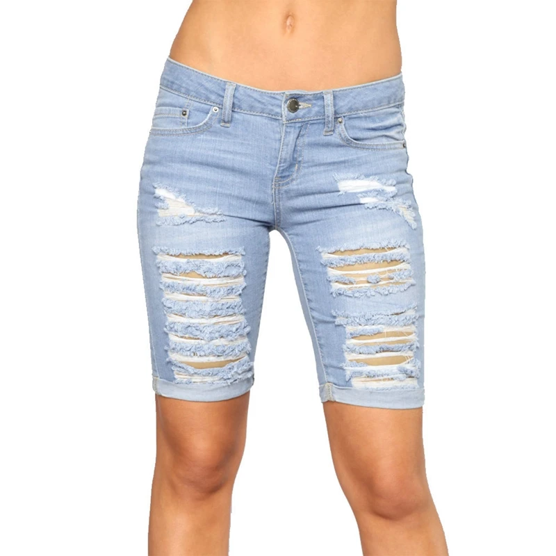 Sexy Destroyed Hole Skinny Capris Jeans Women Casual Stretch Knee Length Denim Shorts Jeans ladies High Waist Denim hot pants