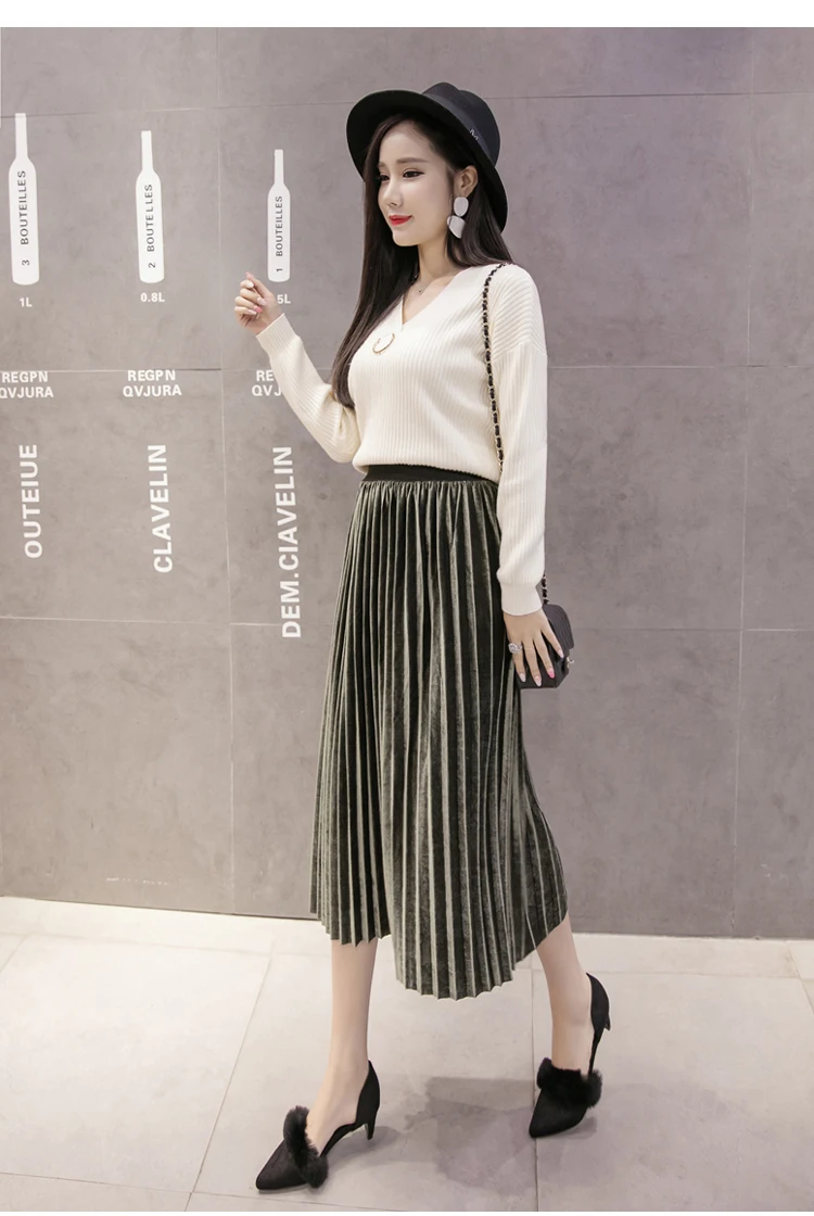 pleated midi skirt New 2019 Autumn Winter Elastic High Waist Skirt Solid Casual Pleated Skirts Womens Striped Jupe Femme Velvet Saias Midi Skirt cute skirts