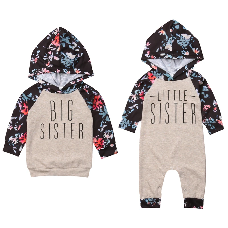 Cute Toddler Kids Baby Girl Clothes Sister Match Outfits Big Sister Hooded Sweatshirt Little Sister Floral Romper Tops