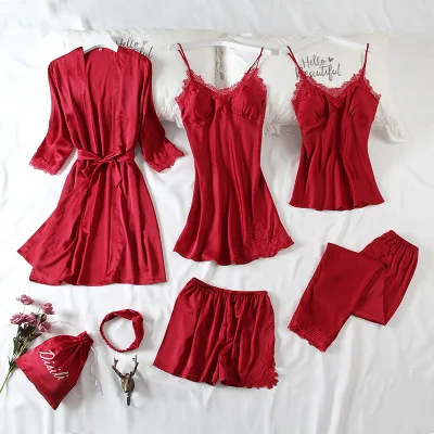 

Daeyard Women Pajamas 7 Pieces Satin Pajamas Sets Sleepwear Silk Home Wear Embroidery Sleep Lounge Lace Pyjama with Chest Pads