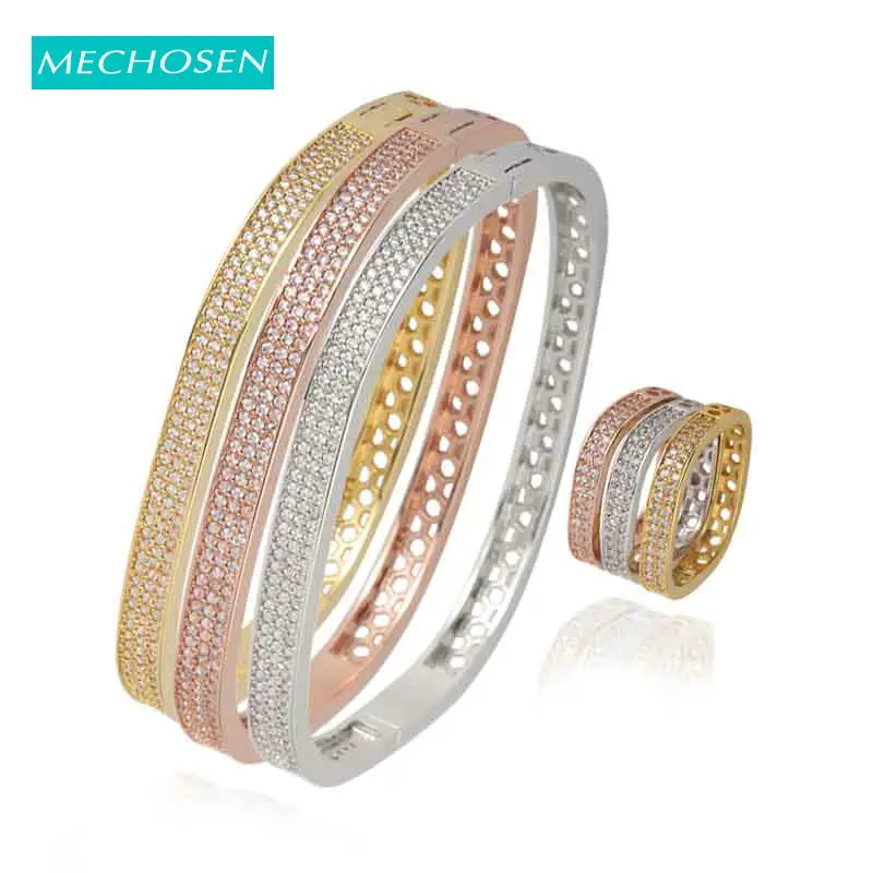 

MECHOSEN 6PC Luxury 3 Color Full CZ Zircon Jewelry Set Lady Wedding Bride Banquet Bangle Ring Sets arees de mujer modernos 2019