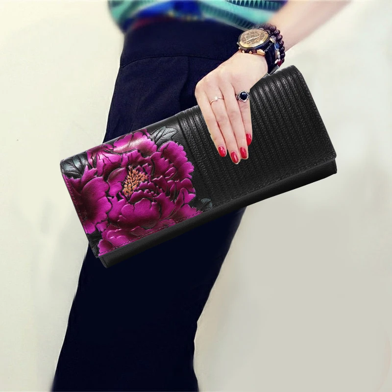 

National Style Peony Flower Pattern Vintage Clutch Wallet Fashion Genuine Leather Cover Big Purse 2018 New Shoulder Bags Gifts