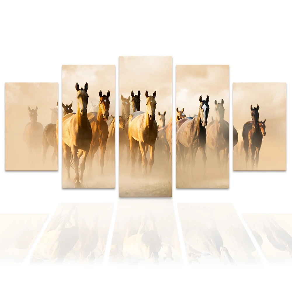 5 Panels Running Horse Canvas Art Prints Animal Painting Wall Art
