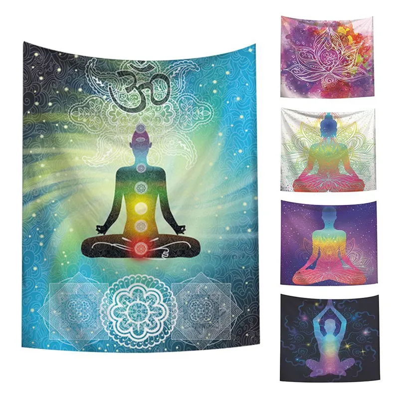

Indian Buddha Statue Tapestry Wall Hanging Wall Cloth 7 Chakra Tapestries Psychedelic Yoga Carpet Home Decoration