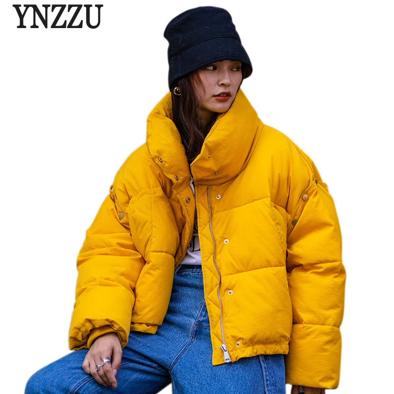 

YNZZU 2018 Autumn Winter Cotton Padded Basic Jacket Coat Women Warm Yellow Stand Collar Parkas Female Casual Outerwear YO712