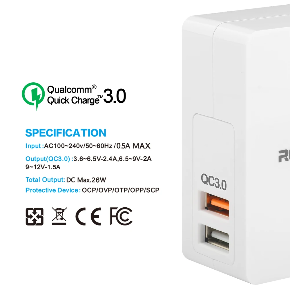 Rocketek USB зарядное устройство Qualcomm Quick Charge 3,0 Быстрая зарядка для мобильных телефонов для iPhone samsung S6 7 huawei и т. Д., QC 2,0 подходит