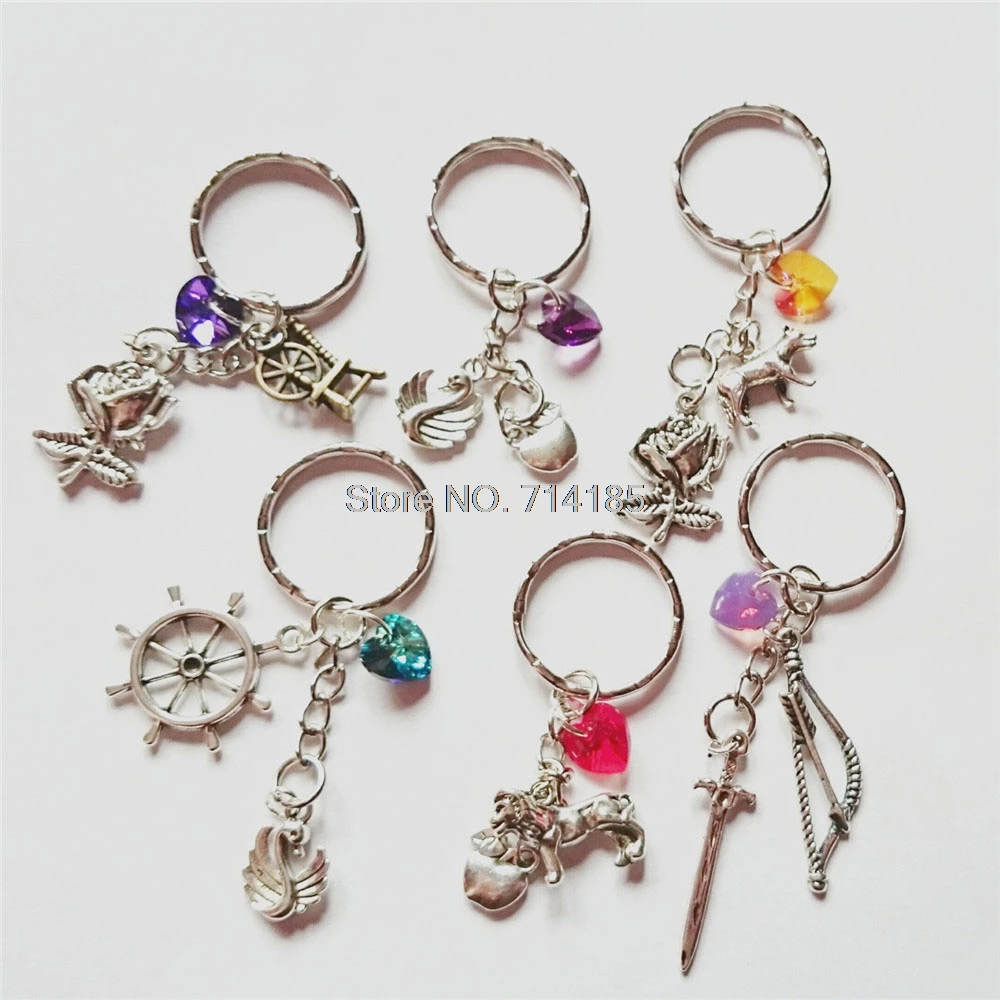 

12pcs/lot Once Upon a Time Keychain Charms Rumbelle Swan Queen Outlaw Queen Captain Swan Snowing keyrings