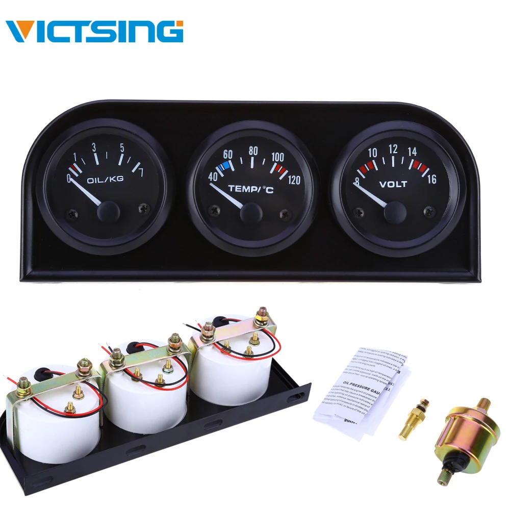 

VicTsing B734 52MM 3 in 1 Car Auto Gauge Voltmeter Water Temperature Gauge Oil Pressure Gauge with Sensor Triple Kit Car Auto