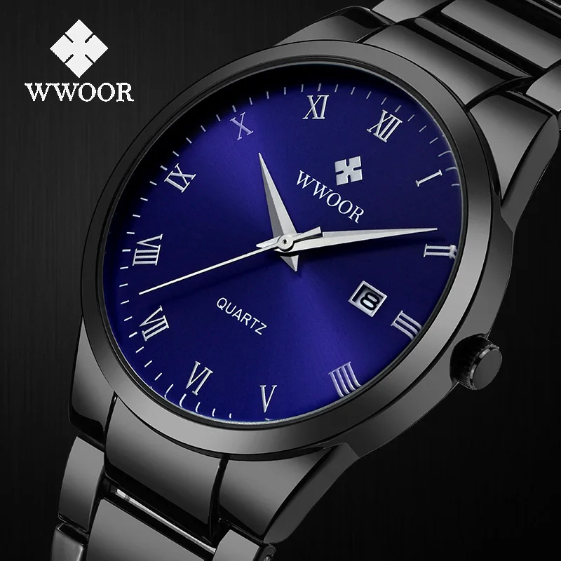 

WWOOR Brand Luxury Men Steel Waterproof Watches Men's Blue Watch Men Fashion Quartz Analog Wrist Watch Male Black Strap Clock