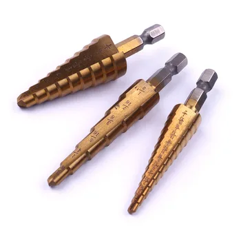 

Top Quality 3Pcs 1/4 Inch Hex Shank HSS Titanium Step Drill Bit Size 3/16-1/2'' 1/4-3/4'' 1/8-1/2'' Straight Groove Step Drills