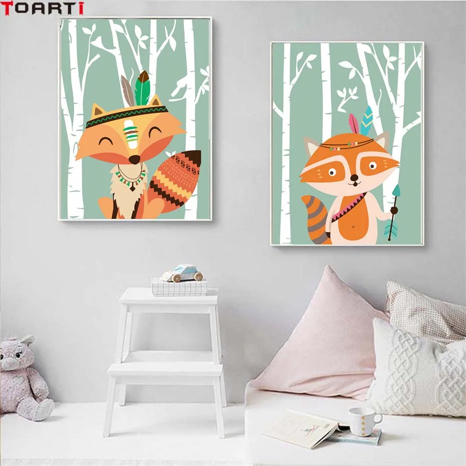 Woodland Fox Cartoon Animals Art Murals Poster&Prints Canvas Painting Kids Bedroom For Christmas Gift Picture Modern Home Decor (3)