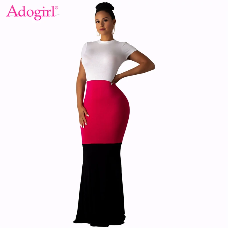 

Adogirl Contrast Color Patchwork Bodycon Maxi Dress Elegant Women Short Sleeve Sheath Long Evening Party Dresses Fashion Vestido