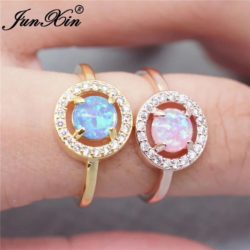 JUNXIN Fashion Pink/Blue Fire Opal Rings For Women Men Rose Gold Filled Round CZ Rainbow Stone Crystal Wedding Rings For Couples