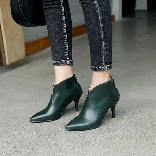 YMECHIC/пикантные туфли из искусственной кожи с острым носком на высоком тонком каблуке-шпильке; Цвет зеленый, черный, бежевый, желтый; женские полусапожки размера плюс
