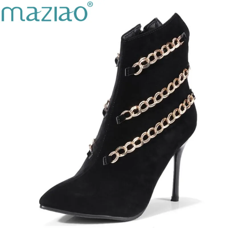 

MAZIAO Women High Heel Ankle Boots chain Creative design Women Boots Winter Short Boots Pointed Toe Lady Shoes Big Small Size