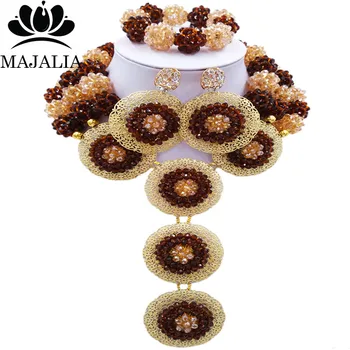 

Majalia Fashion Nigeria Wedding African Beads Jewelry Set Brown and gold ab Crystal Necklace Bridal Jewelry Sets 3SP014