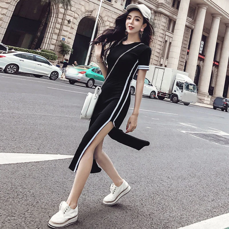 

Sexy Bodycon Dress 2019 New Korean Slim Tight Pencil Dress Short Sleeves Howllow Out Long Black Dress Fashion Summer Tee Dresses