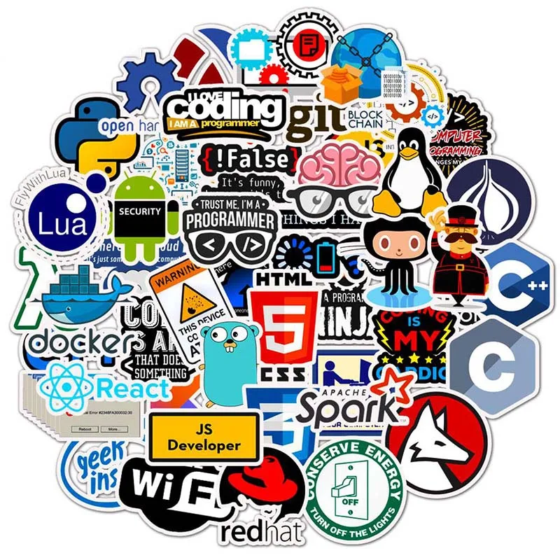 

50pcs/bag Cool Programming Stickers Logo Internet Software Sticker Funny Gift for Geeks Hackers Developers to DIY Laptop Phone