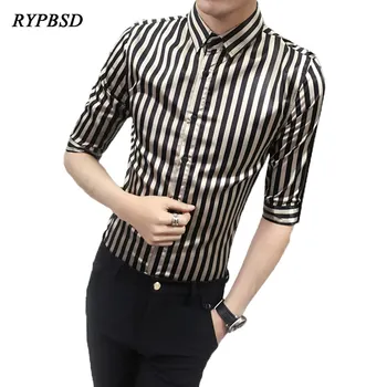 

New Arrival Fashion Three Quarter Sleeve Design White Gold Striped Shirt Men Camisa Social Masculina Slim Fit Dress Shirts Men