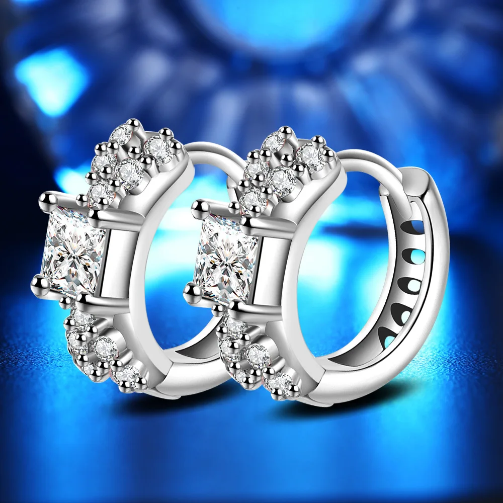 

KOFSAC New Fashion Clear Crystal Stones Lever Back Earrings Jewelry Popular 925 Sterling Silver Earrings For Women Girl Party