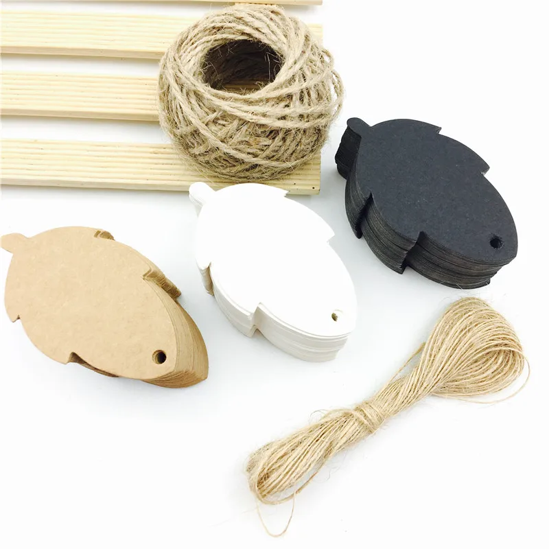 

100pcs/lot White Black Brown Kraft Paper Tags DIY Food Label Leaves Shaped Wedding Card Blank Hang Tag Strings 7*3.8cm