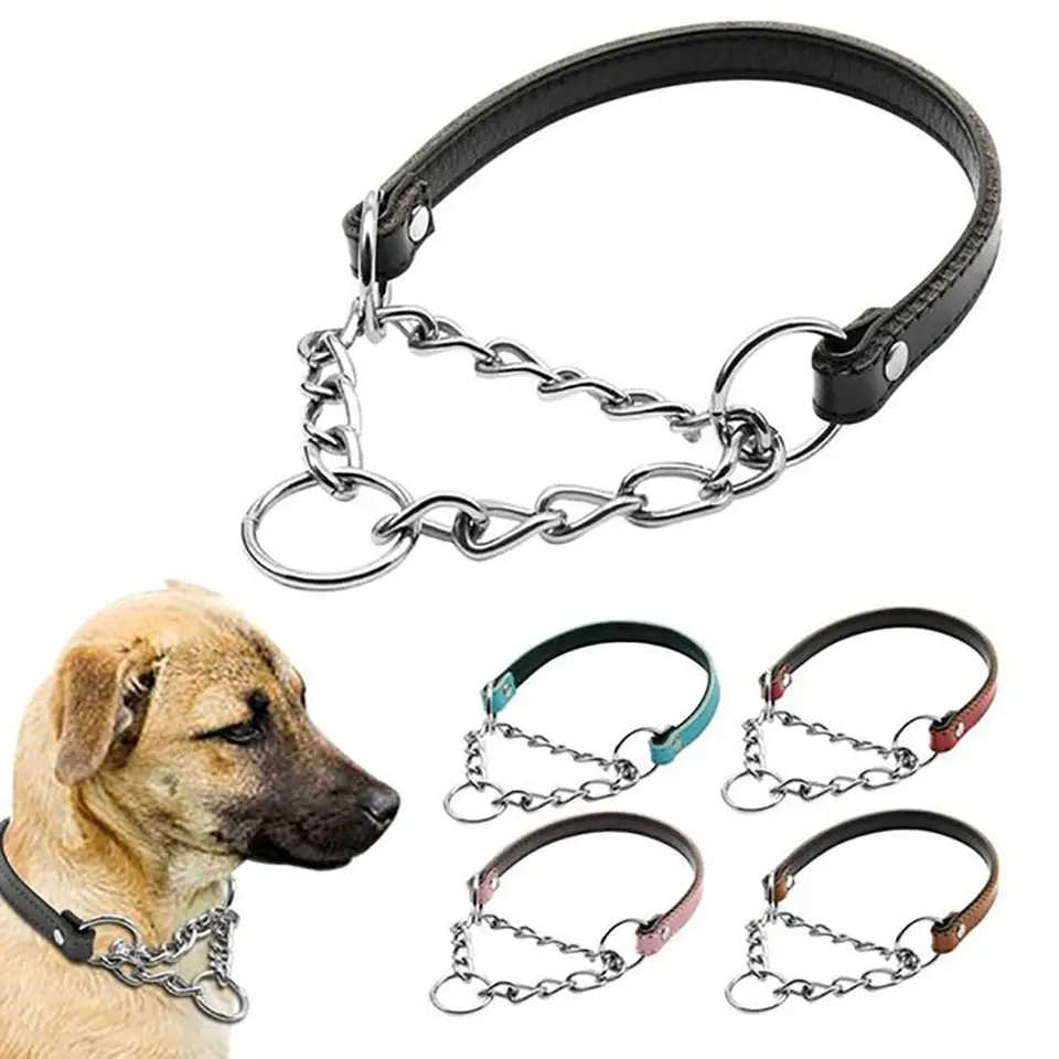 Pet Dog Collar Genuine Leather Soft Comfort Chain Adjustable Puppy