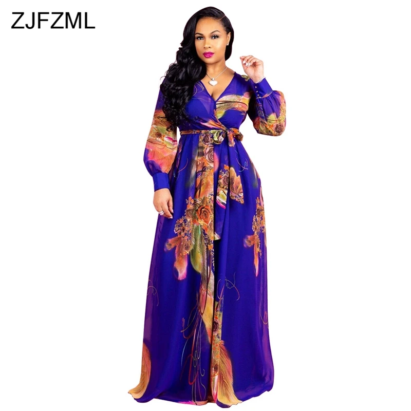 ZJFZML элегантное шифоновое платье с цветочным принтом, женское пляжное платье с длинным рукавом-фонариком, весенние платья в пол с глубоким v-образным вырезом - Цвет: Dark Blue