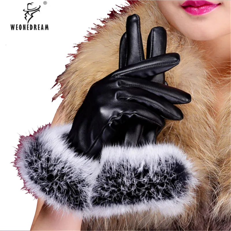 

2017 New Arrival Women Leather Faux Rabbite Fur Gloves Female Fashion Brand Outerdoor Warm Leather Black Wine Red Blue Mittens
