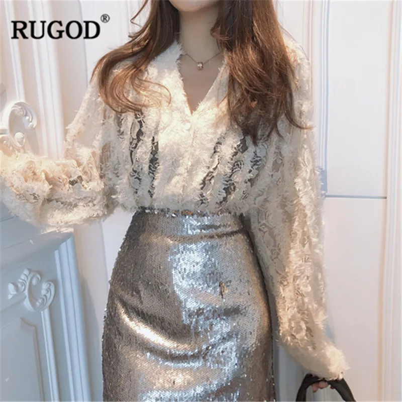 

RUGOD Women blouse Fashion V neck long sleeve perspective White shirts female Office ladies wear blusas de mujer verano 2019