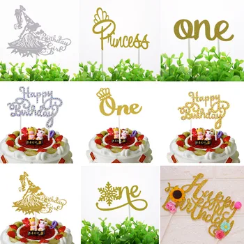 

Cake Topper Flags Shiny Crystal Cupcake One Glitter Girl Toppers Bride Kids Birthday Wedding Cake Wrapper Party Baking DIY Flag