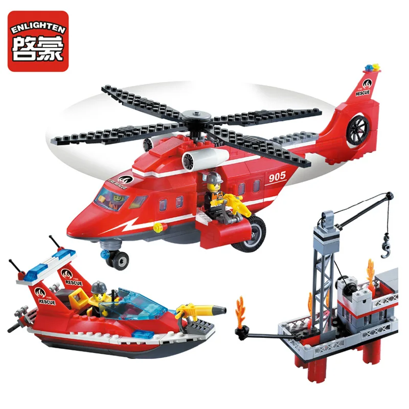 Koop ENLIGHTEN Fire Rescue Series Zee Boot Helicopter Brandweerman Monteren Model Bouwstenen minifig Kids Educatief Kinderen Speelgoed