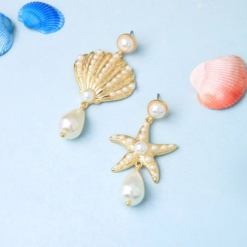 

JOUVAL Summer Asymmetric Sea Star Shell Drop Earrings Gold Alloy Dangle Earring With Pearls Retro Vacation Brincos Women Jewelry