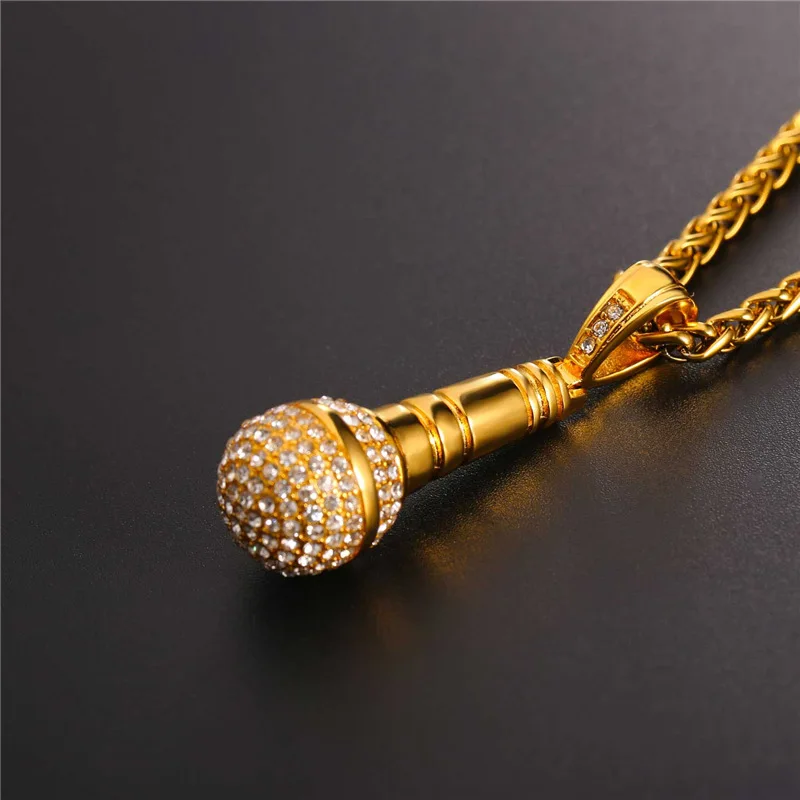 U7 ледяная цепь ожерелье кулон «микрофон» для мужчин/женщин нержавеющая сталь золотой цвет стразы лучший друг ювелирные изделия хип хоп P1018
