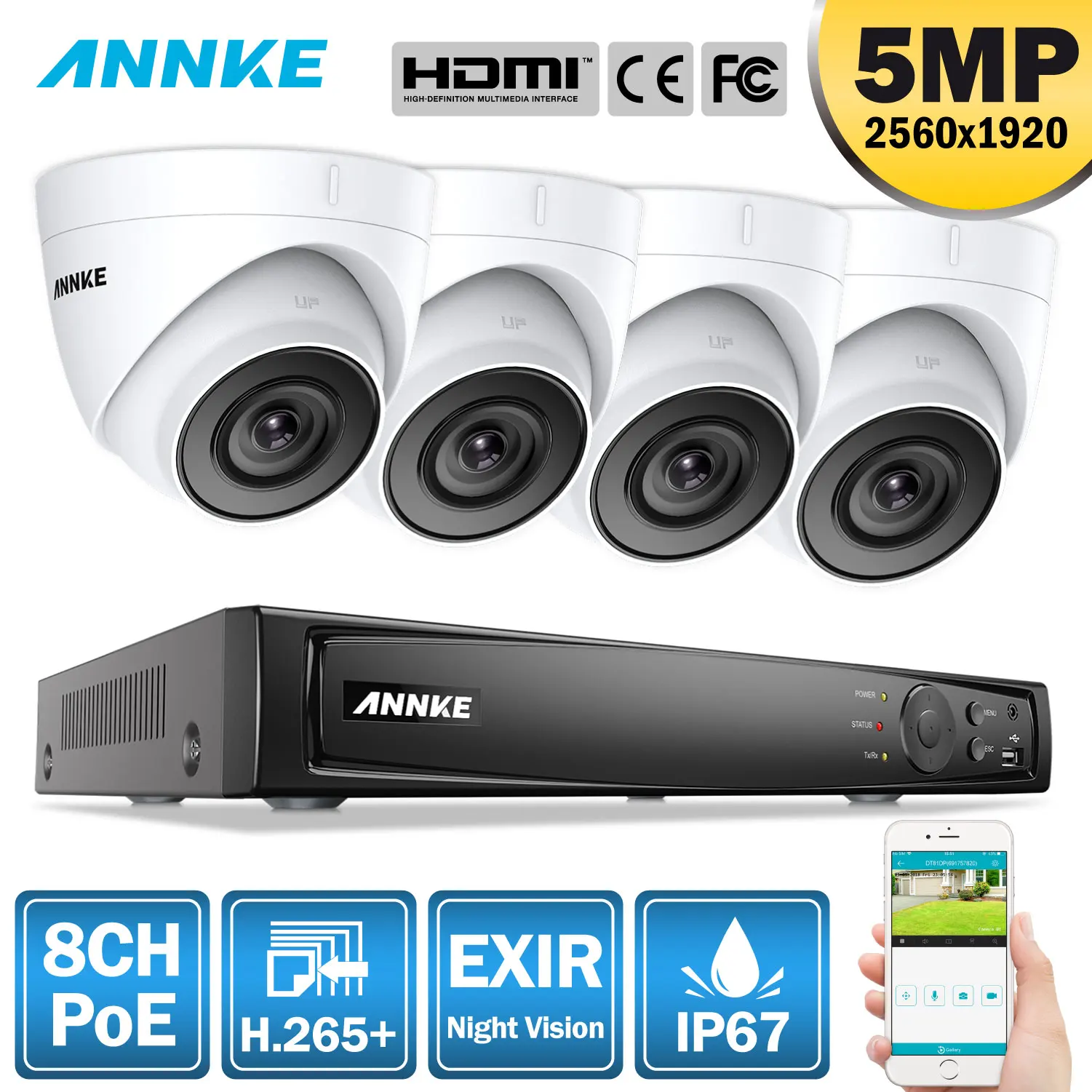 

ANNKE 5MP H.265+ Super HD PoE Network Video Security System 4pcs Waterproof Outdoor POE IP Cameras White Dome PoE Camera Kit