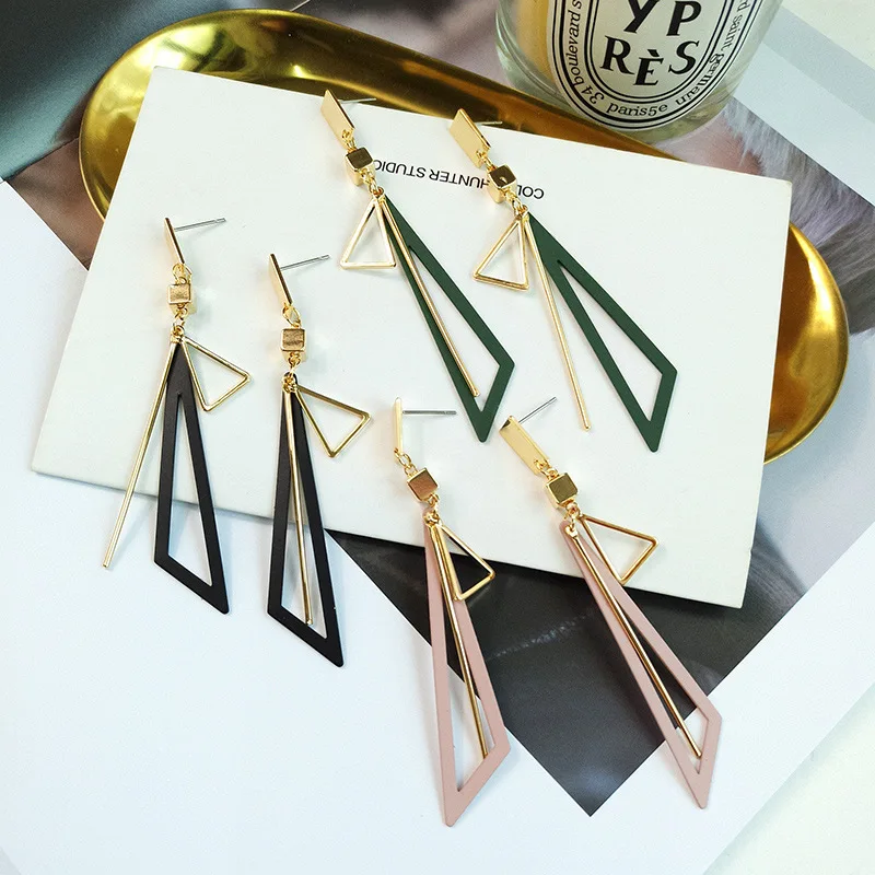 Korean Classic Geometric Long Tassel Earrings Elegant Hollow Triangle