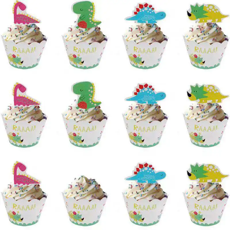 

24pcs Birthday Dinosaur Party Cupcake Toppers Wrapper Cartoon Animal Cake Decorating Baby Shower Birthday Party Decorations Boy