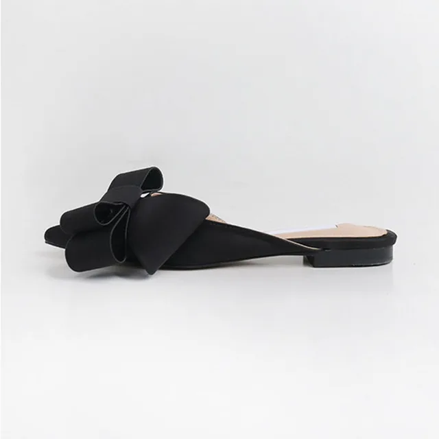 2018 spring and summer women's shoes Korean silk satin Pointed bow tie slippers Baotou flat heel sets semi slippers Black(high 1.5cm)