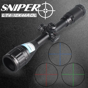 baratas Sniper 4-12x44 Aol Riflescope Tático Visão óptica Rgb Fio Retículo Rifle Scope Airsoft Eletro Caça Ponto Vermelho Visão Eletro
