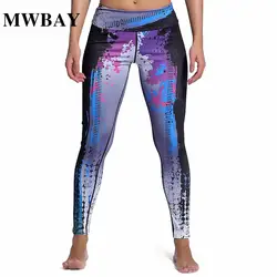 MWBAY 2017 Pantalones для женщин широкая полоса талии высокие эластичные леггинсы для тренировки фитнес брюки девочек перо печати Pantalons pour femmes