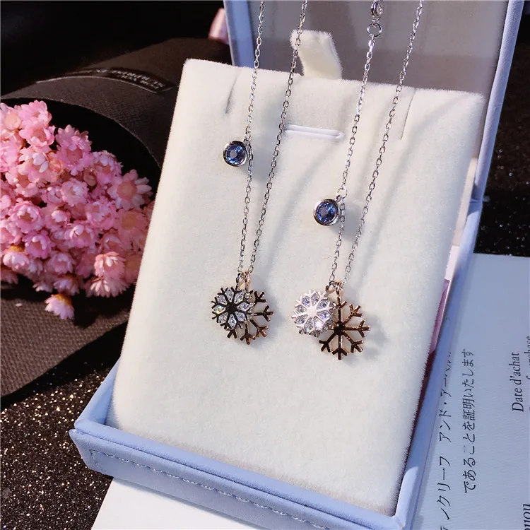 

High quality S925 Sterling Silver Micro - Set Double Color Fashionable Snowflake Necklace Lovely Fashionable Silver Jewelry