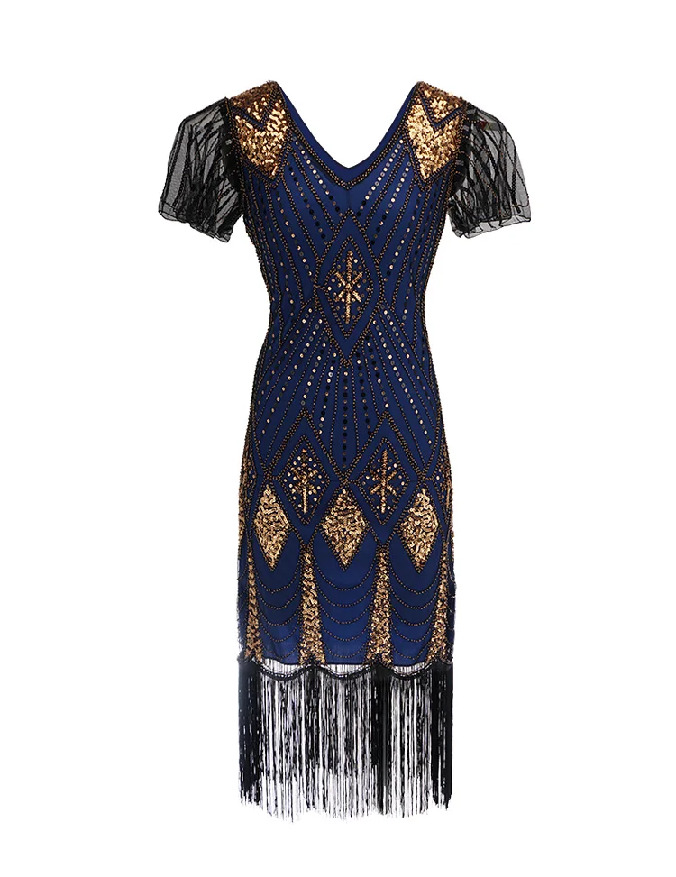 Украшенное в бусинах и пайетках платье vestidos женское 1920s платье с воланами винтажное платье с v-образным вырезом и рукавом-бабочкой длинное платье