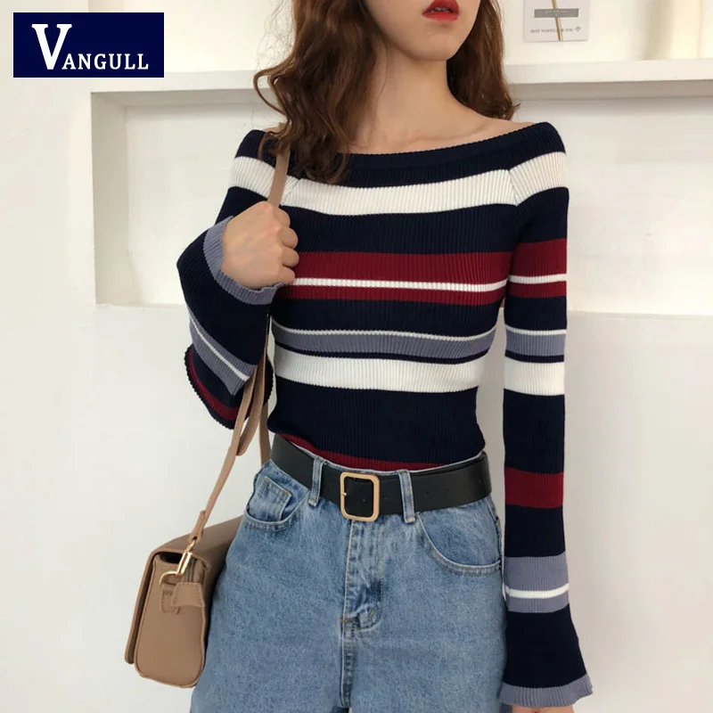 

Vangull Knitted Women Sweater Autumn New chic Retro Pullovers 2019 Spring Slash neck Long sleeve Flare Sleeve Stripes Sweaters