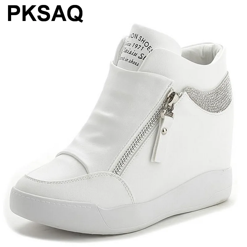 

Sneakers 2019 White Rhinestone WedgesPlatform Shoes Top Quality Platform Single Shoes Height Increasing Women Casual Shoes