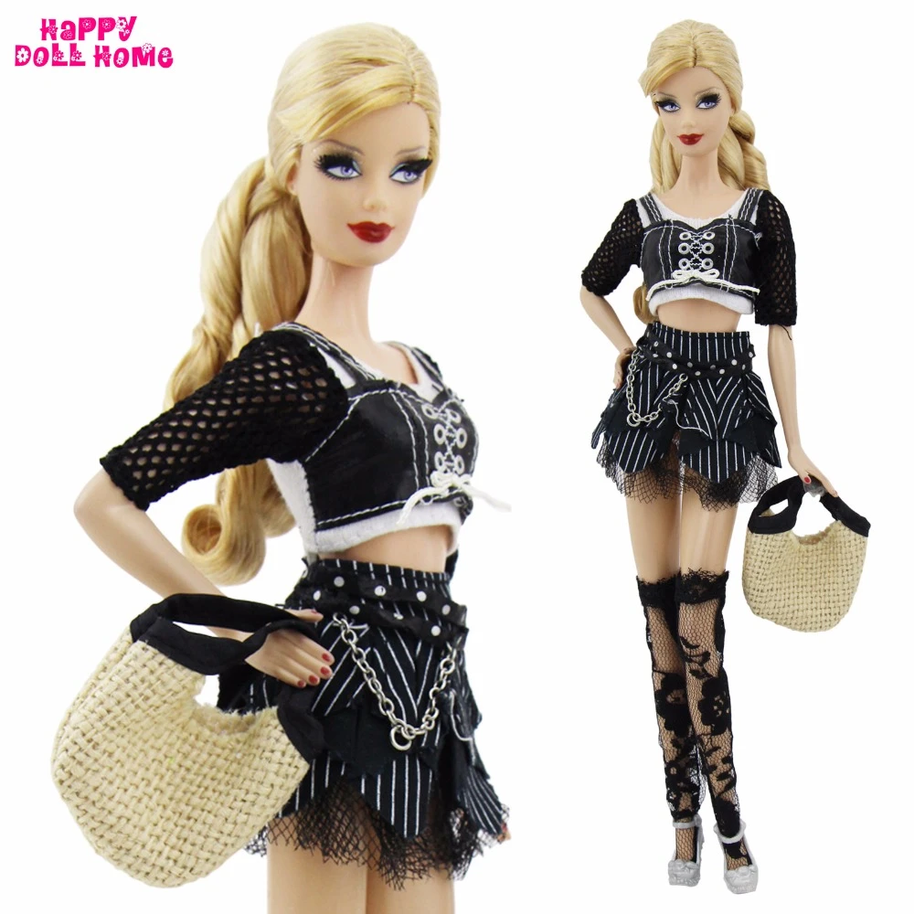 Hecho a mano tops blusa mini falda negro medias de bolso zapatos ropa para barbie doll fr accesorios de de muñecas|clothes for barbie|for barbieclothes for barbie dolls -