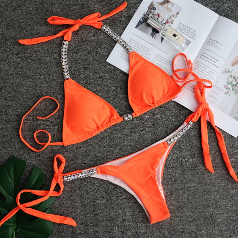Kaufen Kristall Diamant Bikini 2019 Frauen Bandeau Badeanzug Weibliche Halter Bademode Zwei stück Bikini set Strass Push up Badeanzug