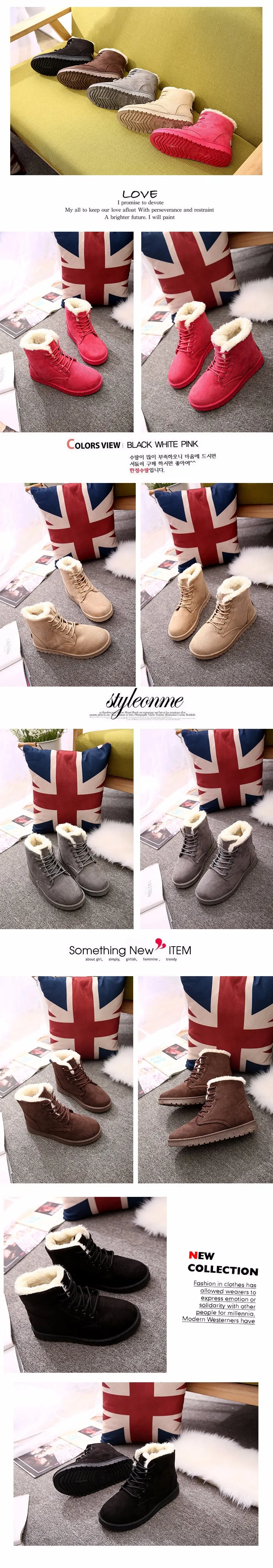 2016 Winter Woman Boots Lace-up Solid Flat Ankle Boots Casual Round Toe Woman Shoes Fashion Warm Plus Cotton Shoes ST903 (7)